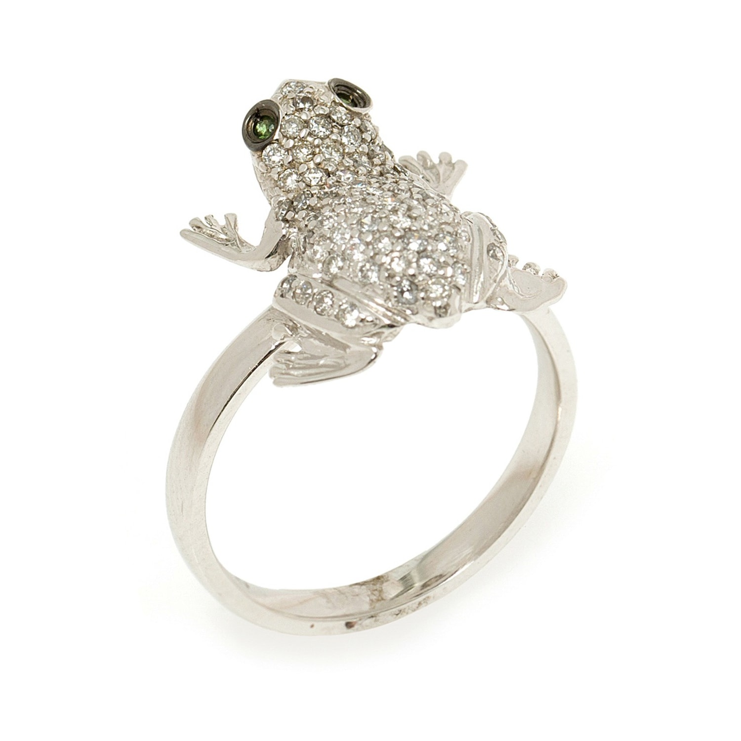 Anel sapo com diamantes e tsavorita em ouro branco