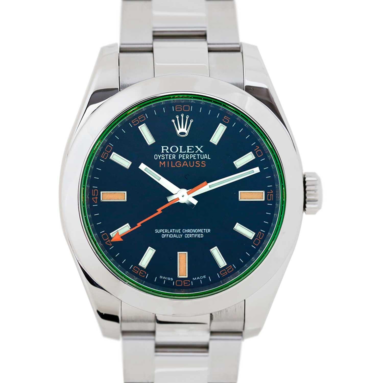 Relógio Rolex Milgauss aço preto safira verde