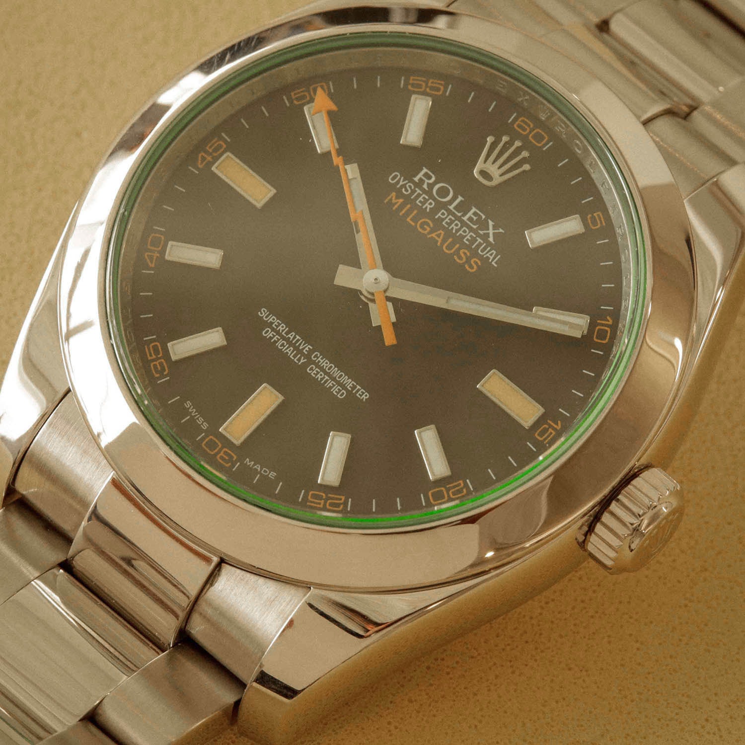 Relógio Rolex Milgauss aço preto safira verde